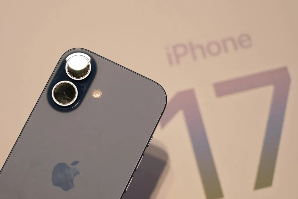 Apple iPhone 17 showing dual-camera setup with upgraded ultra-wide sensor