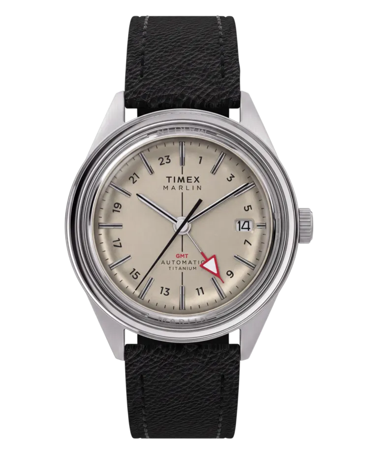 Back view of Timex Marlin Jet Titanium Automatic GMT with exhibition caseback revealing movement