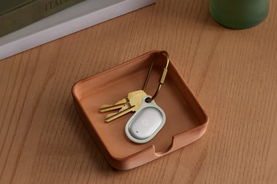 Google Pixel Tag product shot showing pebble-shaped body and Fog color