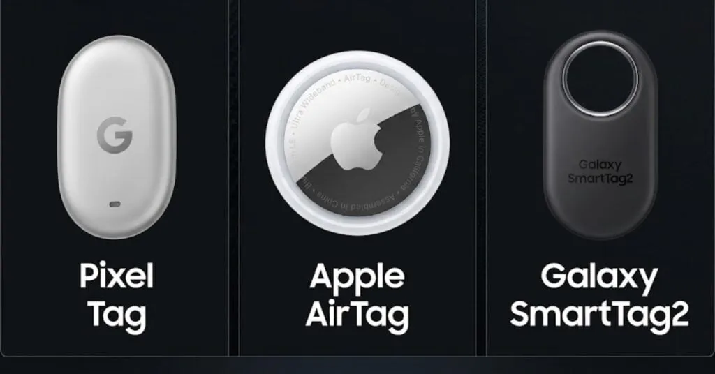 Pixel Tag, Apple AirTag, and Galaxy SmartTag2 side by side to compare size and shape