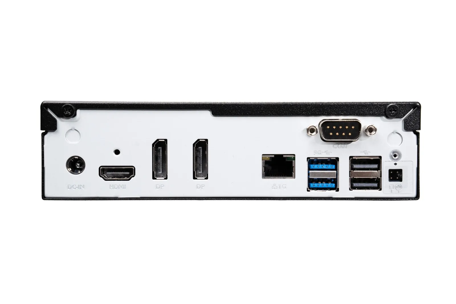 Rear I O layout of Shuttle XPC Slim DH810S showing port selection and dual DisplayPort outputs