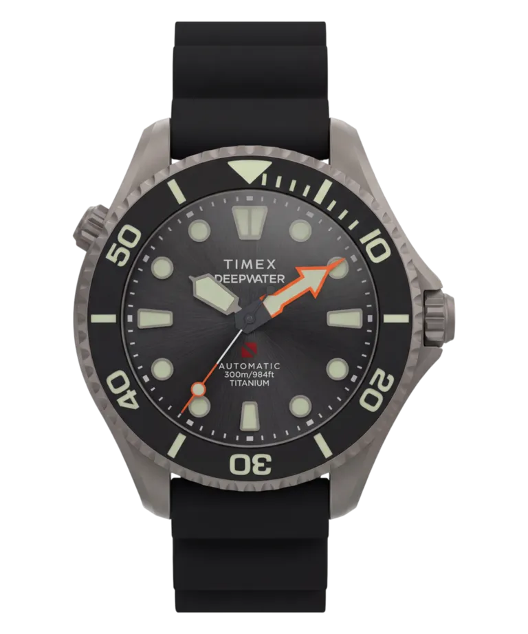 Timex Deepwater Meridian 300 Titanium HEV Automatic side view showing helium escape valve