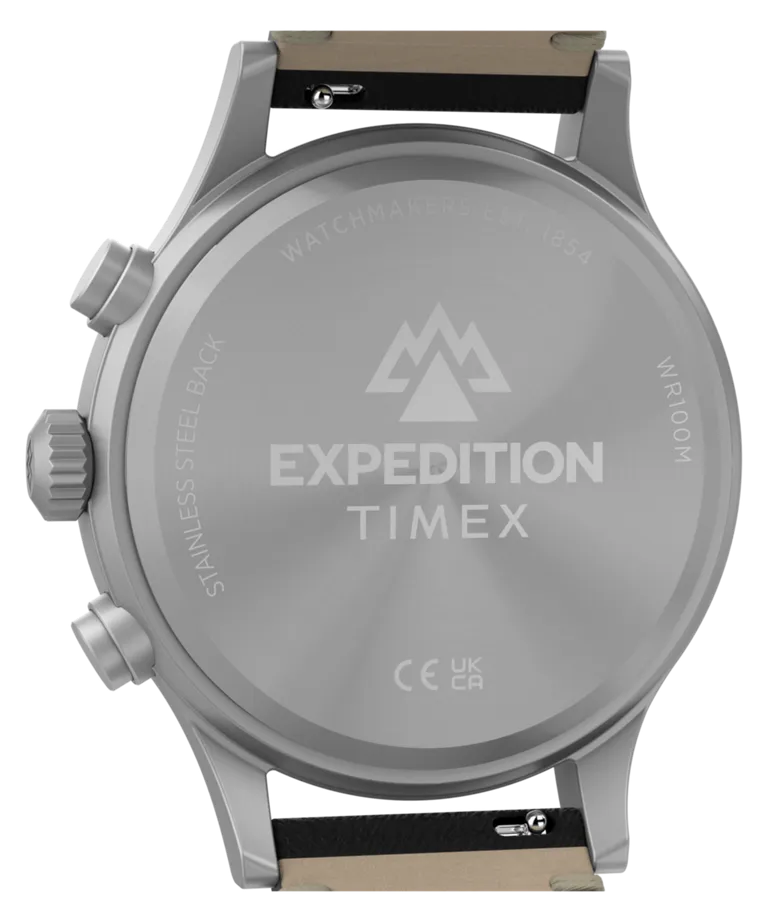 Timex Expedition Sierra chronograph dial closeup showing sub-dials and date window