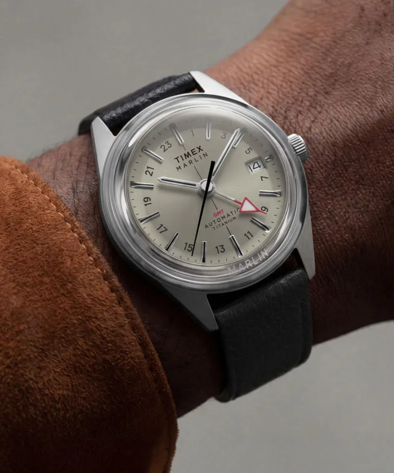 Timex Marlin Jet Titanium Automatic GMT with domed Hesalite crystal and natural leather strap