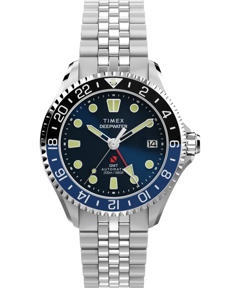 Timex Meridian 200 Automatic GMT blue dial side profile