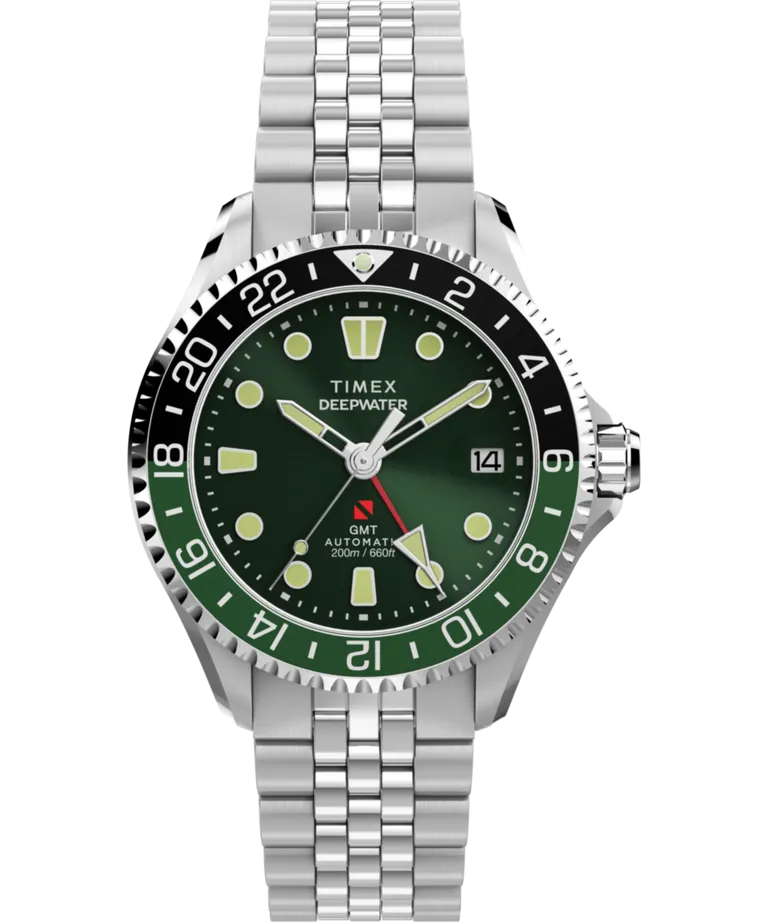 Timex Meridian 200 Automatic GMT green dial face on bracelet