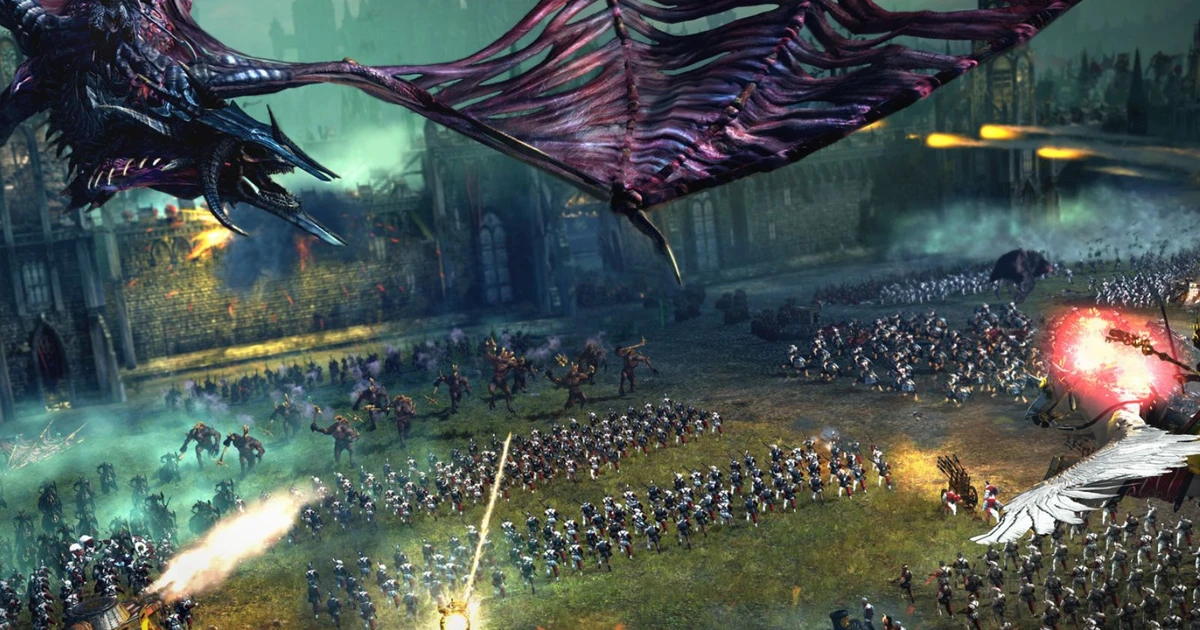 Total War Warhammer promotional image showing campaign map and large scale battle art