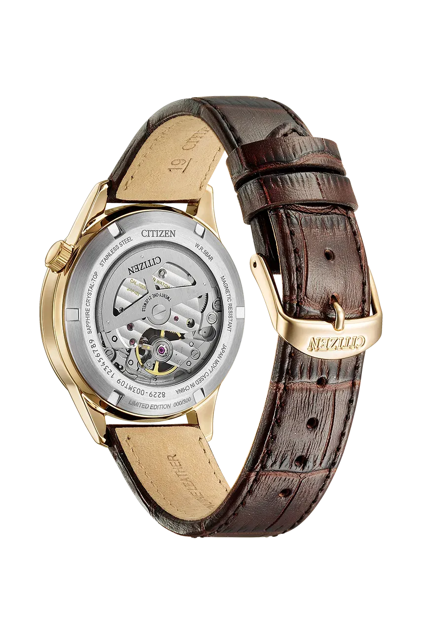 The reverse side of the Citizen watch, showcasing a transparent exhibition case back that reveals the silver-toned automatic movement and rotor. - Capped at 300 Pieces, Citizen's Warmest Dial Captures Seasonal Light