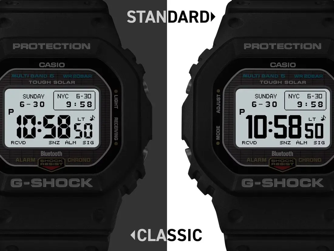 Close-up comparison of the GW-BX5600’s two MIP display styles, showing the Standard font on the right and the Classic 7-segment-style font on the left - Casio Fixes G-Shock's Hardest-to-Read Display with a High-Contrast MIP Upgrade