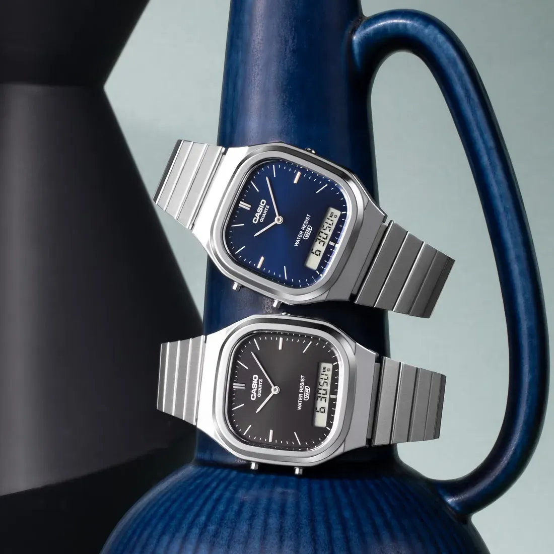 The Casio AQ-240E-2A2 and the AQ-240E-1A comes with a silver-tone finish - Casio Revives 80s Retro Elegance With Under-$100 Sunburst Hybrid Watches