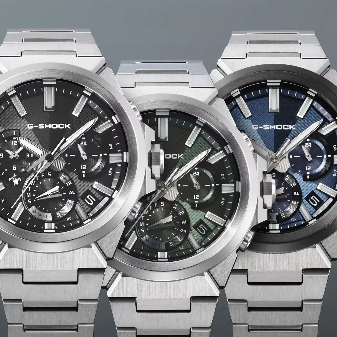 The Casio G-Shock GST-W1000D-1AJF, the GST-W1000D-3AJF, and the GST-W1000D-2AJF (left to right) - Casio's New Full Metal G-Steel Watches Blend Industrial Grit With Tech