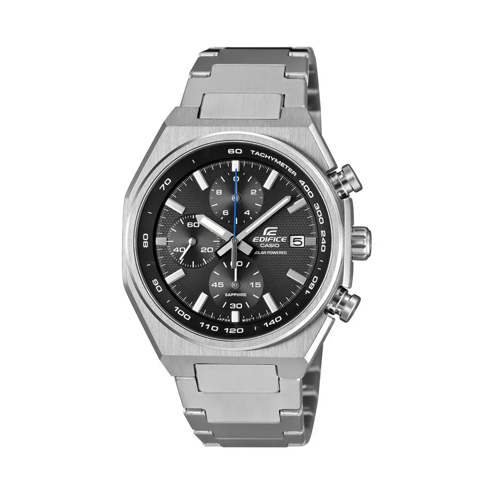 Casio Edifice EFSS660D-1A chronograph with a stainless steel case and bracelet, black textured dial, blue central seconds hand, three subdials, and ta - Casio's New Solar Chronographs Trade Bulky Cases for Motorsport Utility