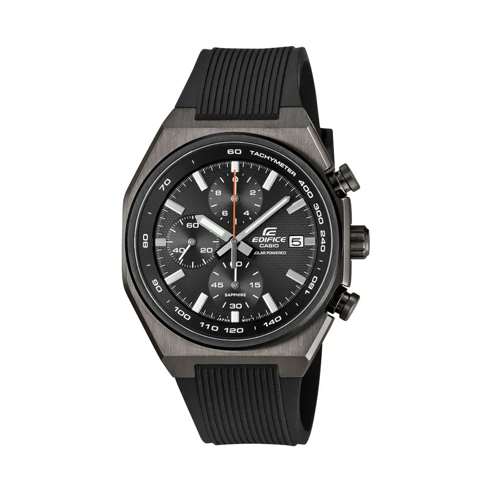 Casio Edifice EFSS660PB-1A chronograph with a gray ion-plated case, black resin strap, black textured dial, red central seconds hand, three subdials, - Casio's New Solar Chronographs Trade Bulky Cases for Motorsport Utility