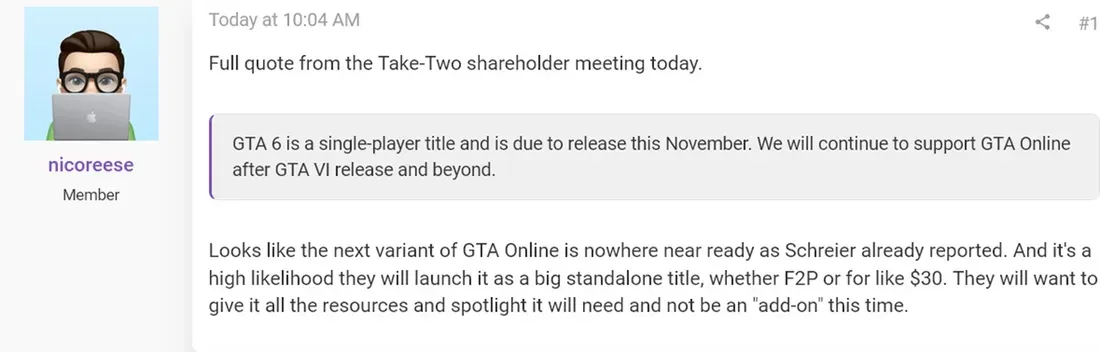 Quote about GTA Online from Take-Two shareholder meeting - Don't Expect GTA 6 Online Day One as Take-Two Focuses on Story Mode
