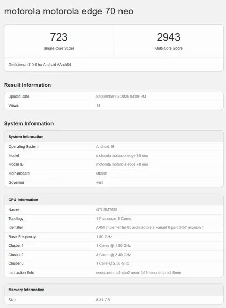 Motorola Edge 70 Neo Geekbench - Motorola Edge 70 Neo Benchmark Leak Reveals Key Snapdragon Silicon
