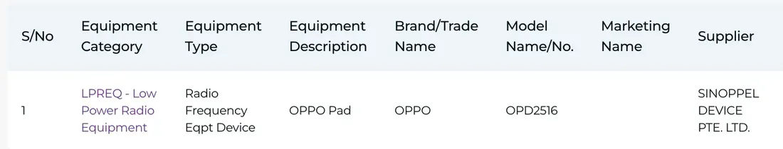 IMDA listing of the Oppo tablet with model number - Oppo's Anti-Glare Compact Flagship Tablet Prepares for Global Debut