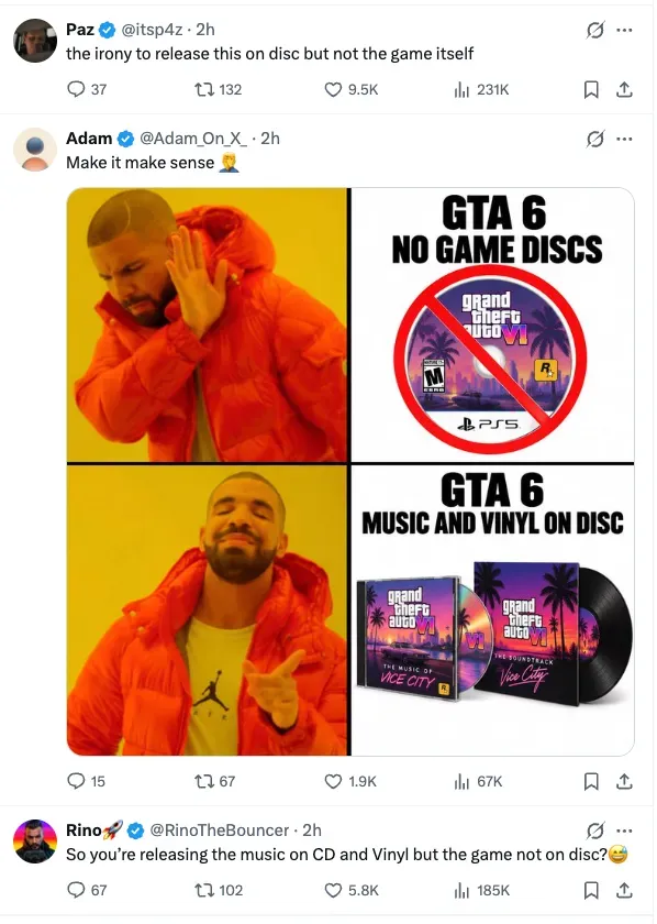 Commenters responding to Rockstar Games' post. - Rockstar Won't Sell GTA 6 on Disc, but It Is Selling $125 Vinyl Sets