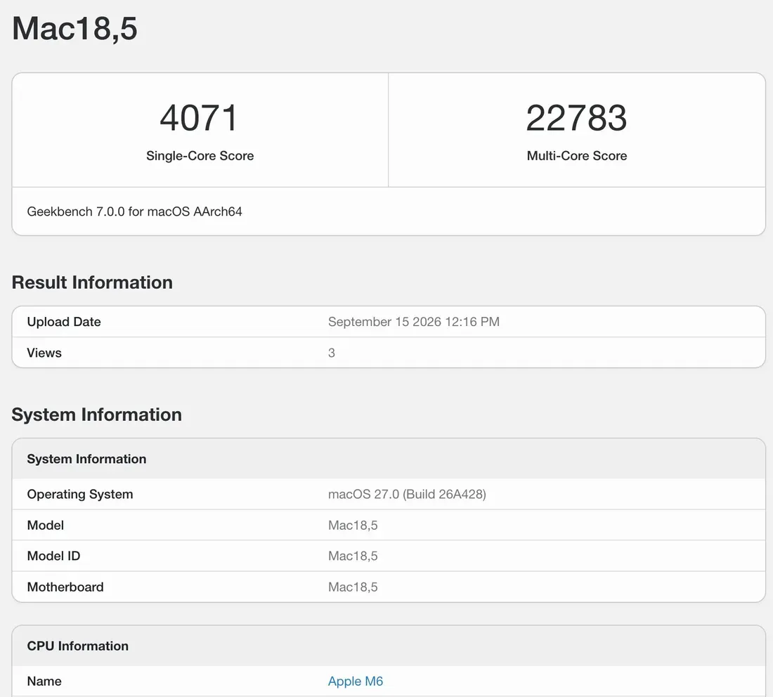 Apple M6 Geekbench 7 result. - The Apple M6 Chip Is Already Matching M3 Max Performance in New Benchmarks