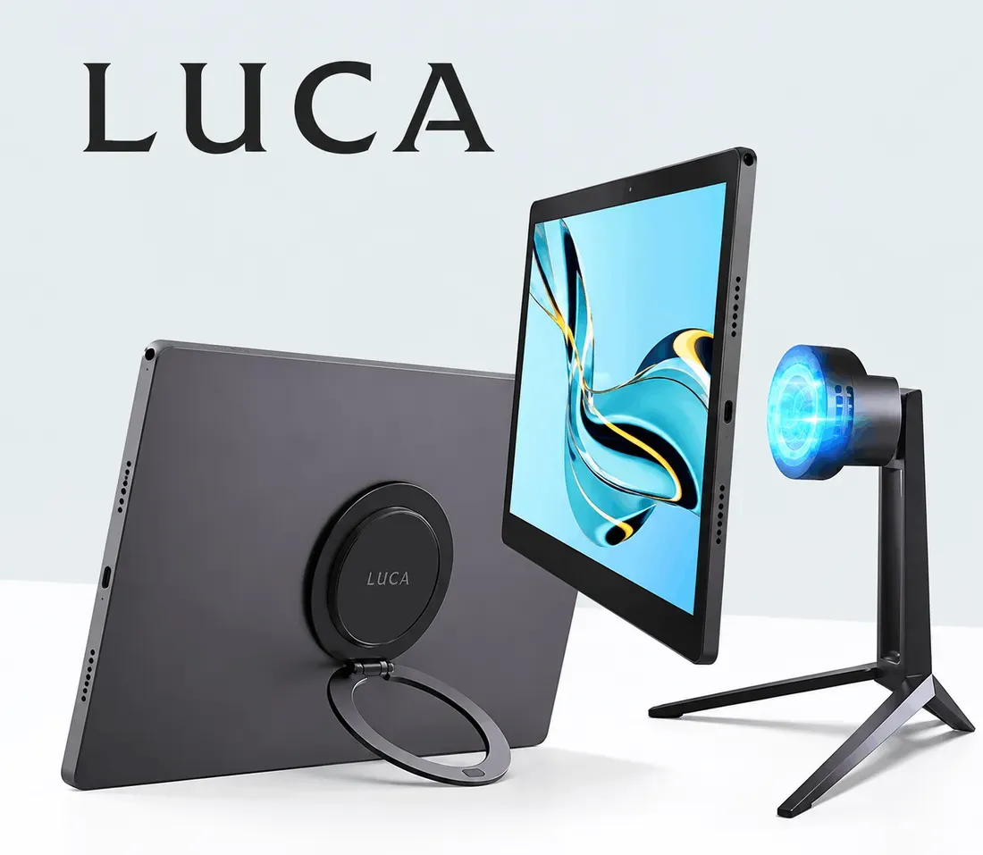 Luca tablet shown with its magnetic mounting system and wireless charging stand - This Huge 15.6-Inch Android Tablet Snaps to Wall Hooks and Wireless Dock