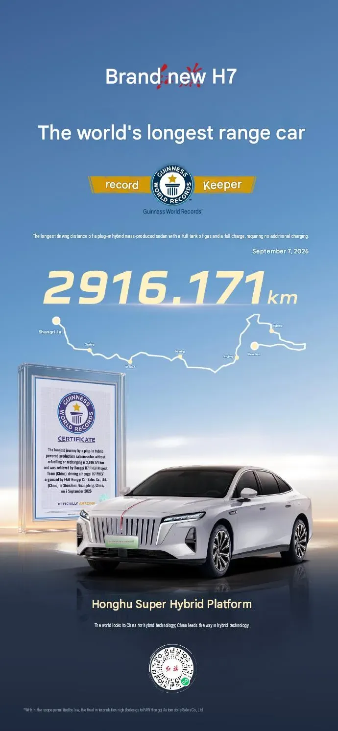 The Hongqi H7 range record's Guinness certificate - This Sedan Just Drove 1,800 Miles Without Stopping to Refuel