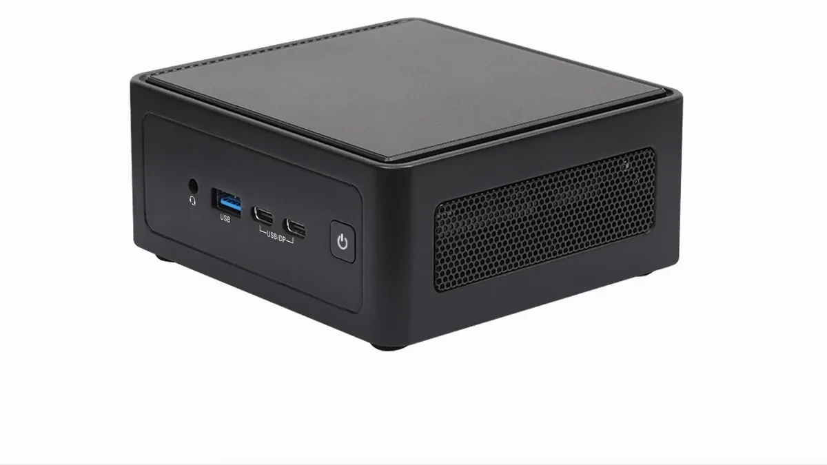 The ASRock NUC BOX-320 and 304 mini PCs shown from the front angle, highlighting their compact black chassis and port layout.