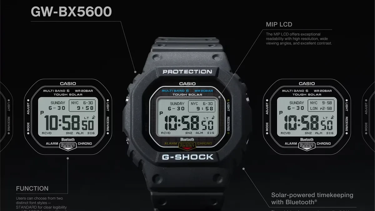 Casio G-Shock GW-BX5600 square watch with high contrast MIP display on a black resin case
