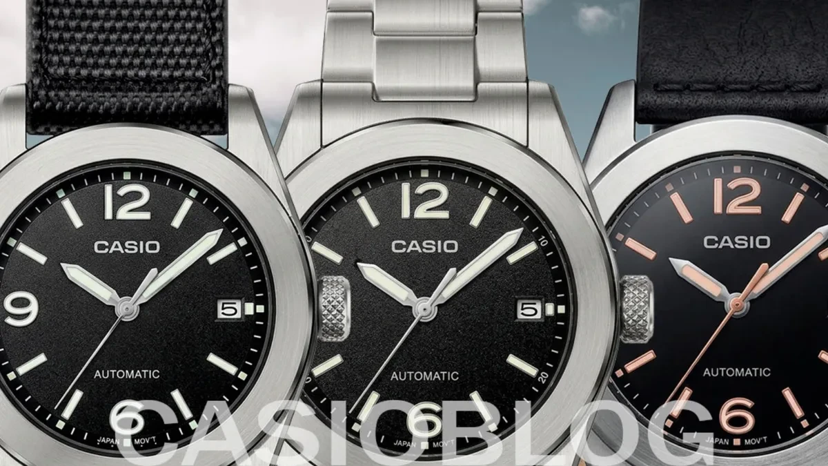 Casio CMK-100 titanium mechanical watch with black textured dial