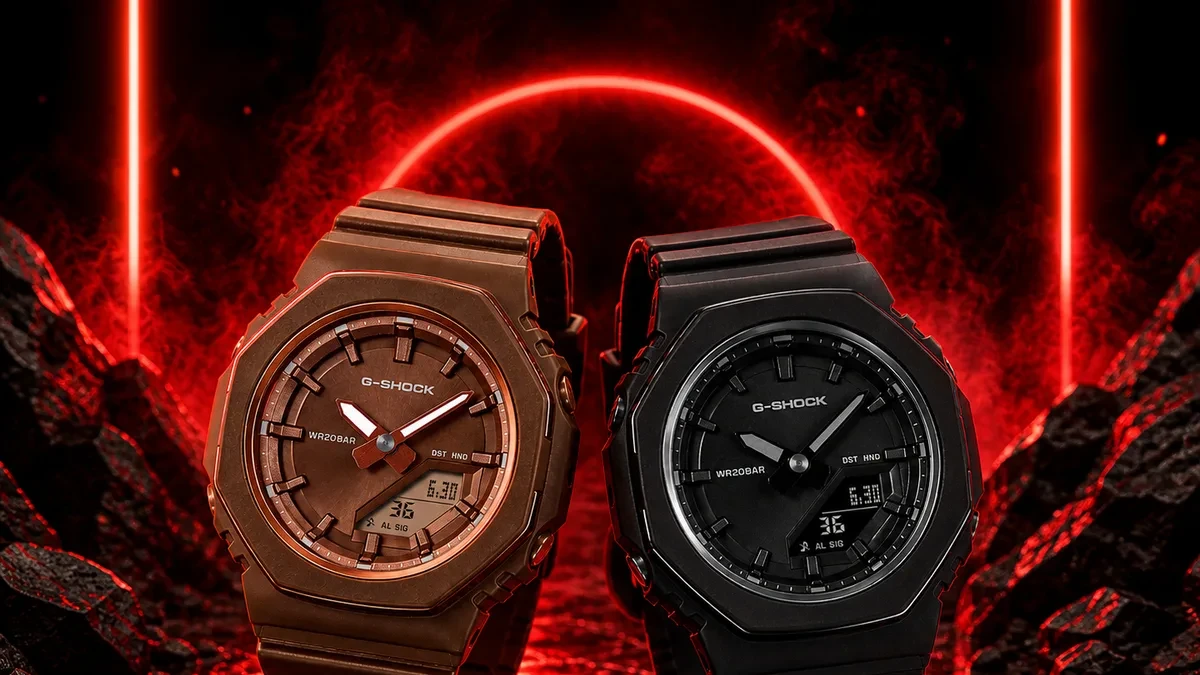 The Casio G-Shock GMA-P2110B-1A and GMA-P2110B-5A featuring monochromatic designs and metallic bezel rings.