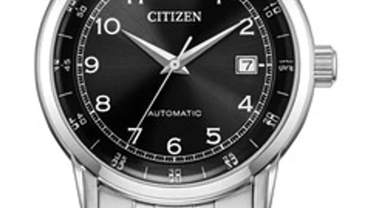 The clean black dial and stainless steel case of the Citizen NJ0210-56E automatic watch