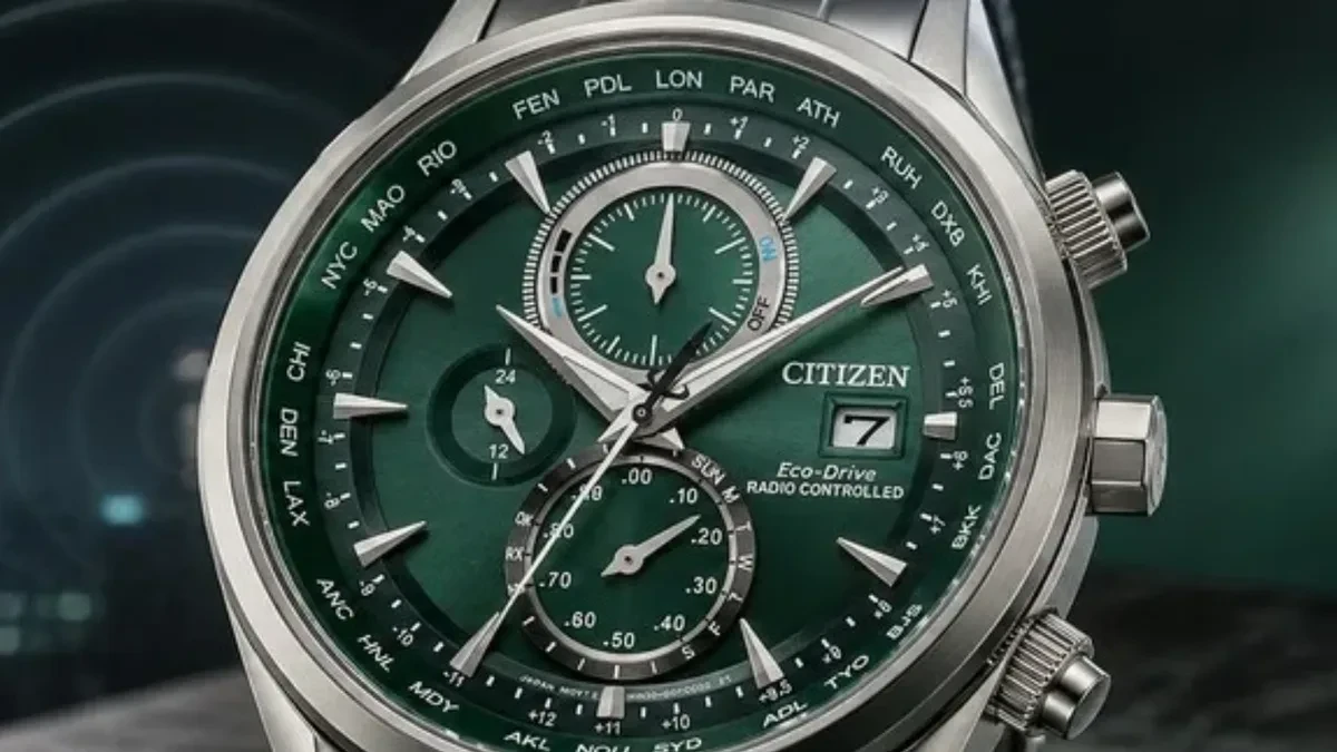 Citizen green dial atomic Eco-Drive chronograph AT8260-85X on stainless steel bracelet