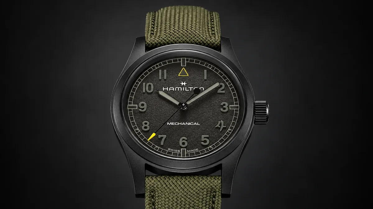 Hamilton Khaki Field Mechanical Call of Duty Special Edition 38mm watch on black surface