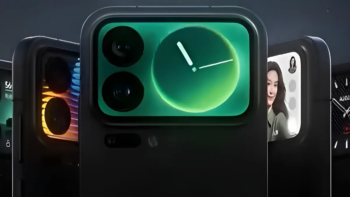 A conceptual render of a smartphone with a secondary rear display module next to the camera island.