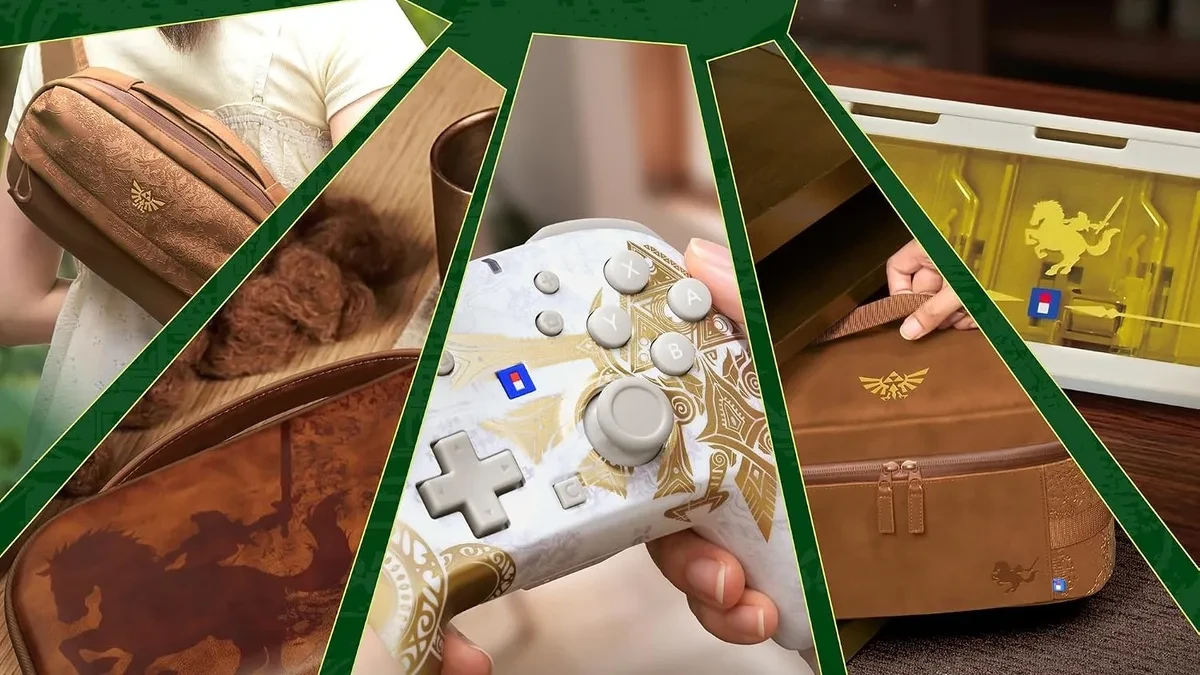 Hori Legend of Zelda 40th anniversary gaming accessories for Nintendo Switch 2 including wireless controller, carrying cases, and card holder