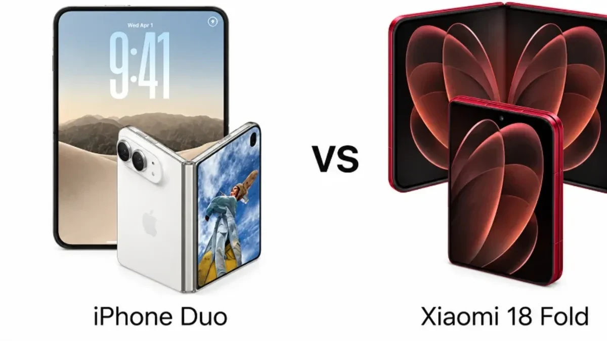 The iPhone Duo and Xiaomi 18 Fold side-by-side on a clean studio desk