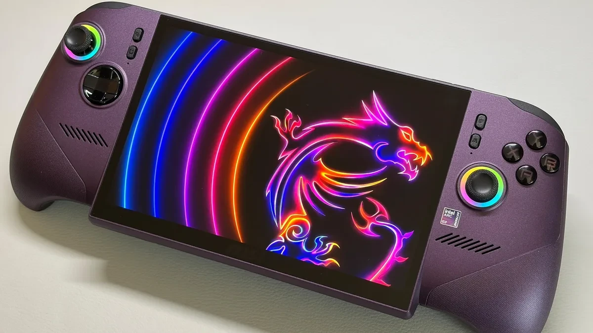The MSI Claw 8 EX AI+ gaming handheld displaying a colorful game interface on its 8-inch screen.