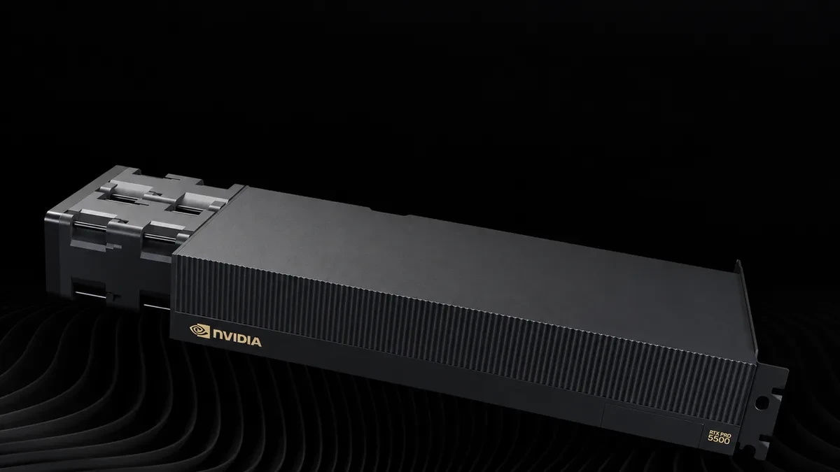 Nvidia RTX Pro 5500 workstation GPU card featuring a sleek, industrial design for server racks.