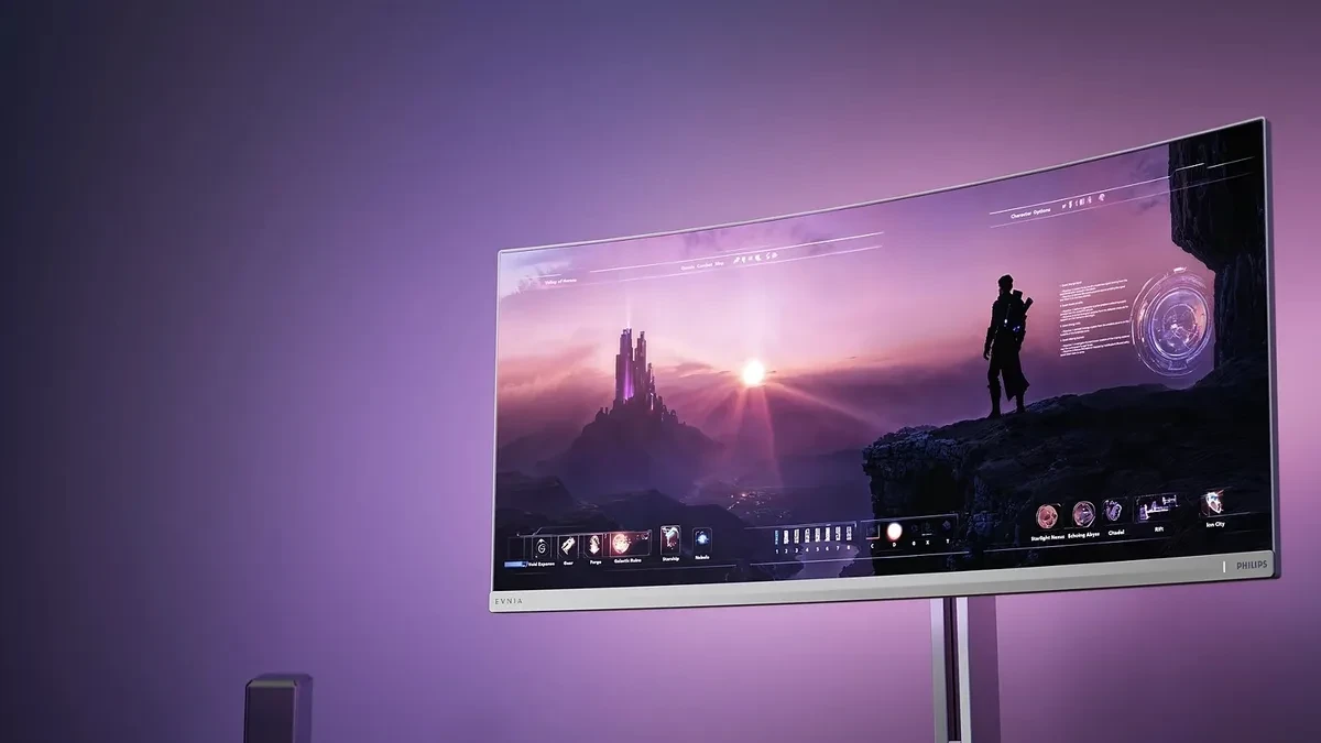 Philips Evnia 34M2C8600P curved QD-OLED gaming monitor with ambient lighting