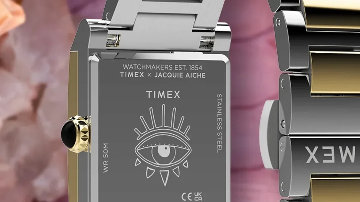 Timex Éclat watch featuring rectangular case and crystal bezel