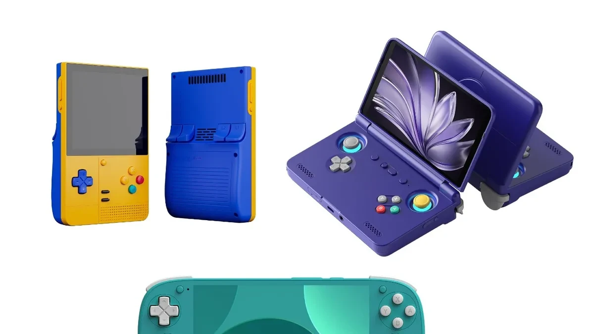 A collection of Retroid Pocket gaming handhelds in various colors and form factors