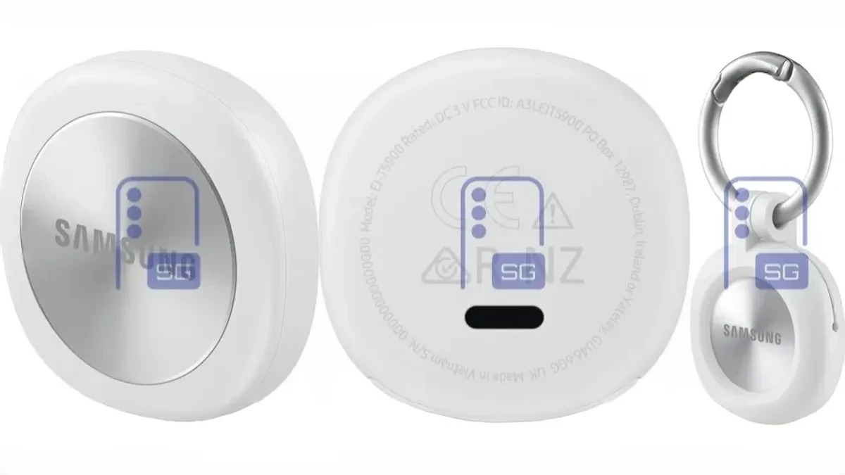 Leaked renders showing the redesigned Samsung Galaxy SmartTag 3 in black and white squircle design