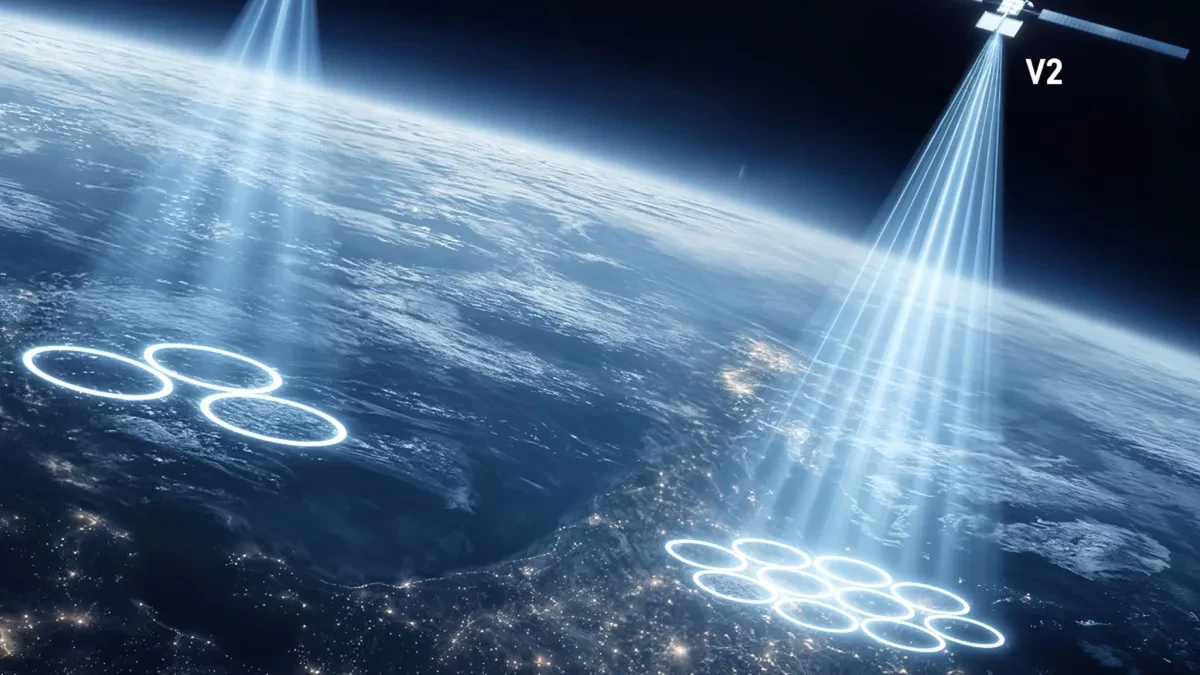 A conceptual illustration of a smartphone connecting to a Starlink satellite in orbit, showing global connectivity.