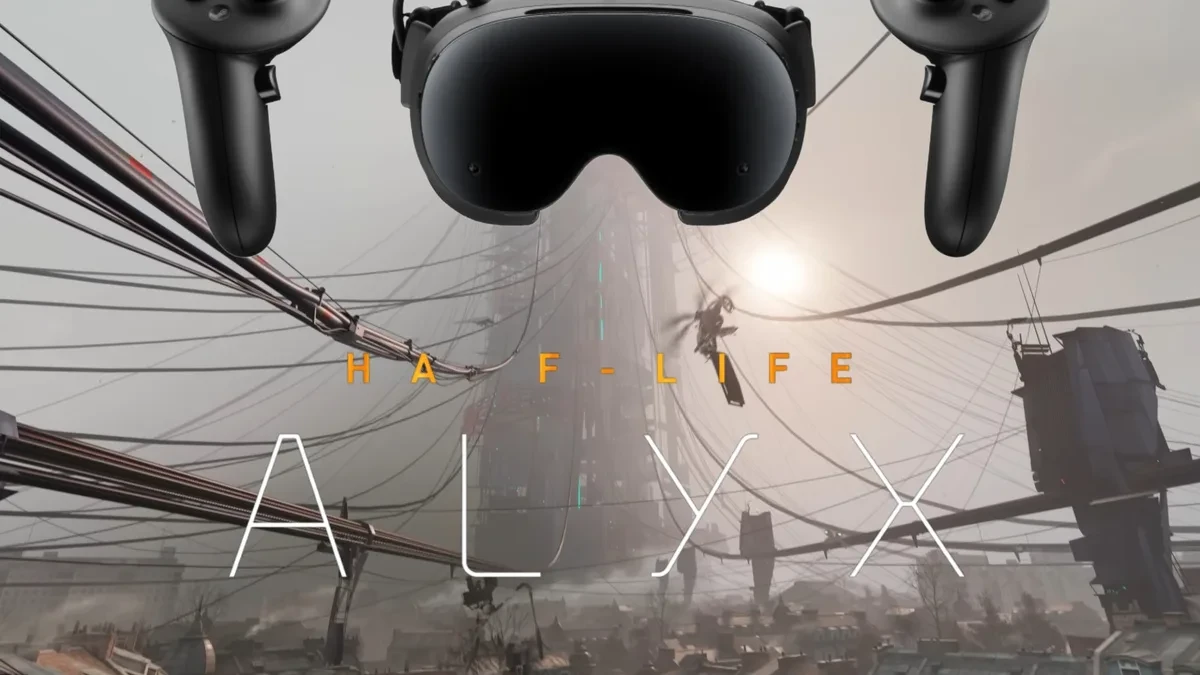 A user wearing the Steam Frame VR headset playing Half-Life: Alyx