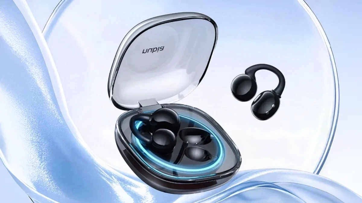 Nubia LiveClip 2 open-ear clip-on earbuds with their smoked black transparent RGB charging case