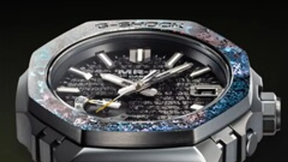 The Casio MRG-B2100HR-1AJR titanium watch featuring a hand-finished platinum leaf dial and structural color bezel