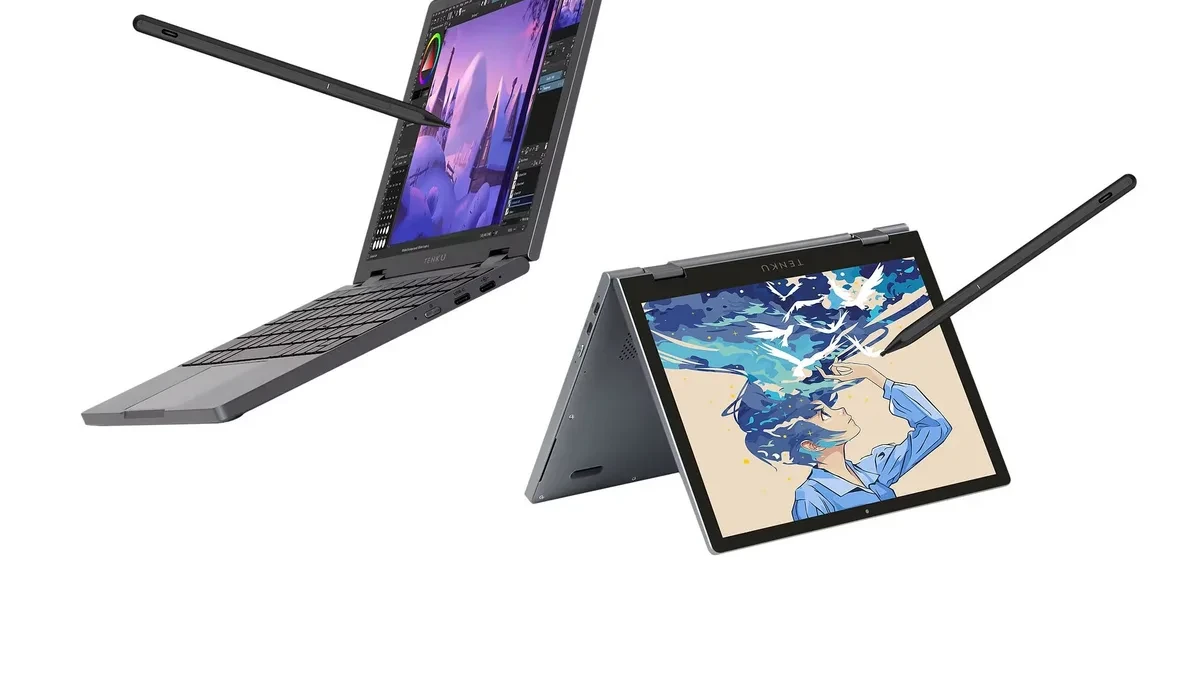 The Tenku Note Pro AI laptop open on a desk, showcasing its compact 10.5-inch display and aluminum chassis.