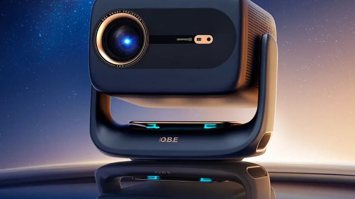 OBE R3 Ultra Max 1080p home projector with integrated gimbal stand on a desk