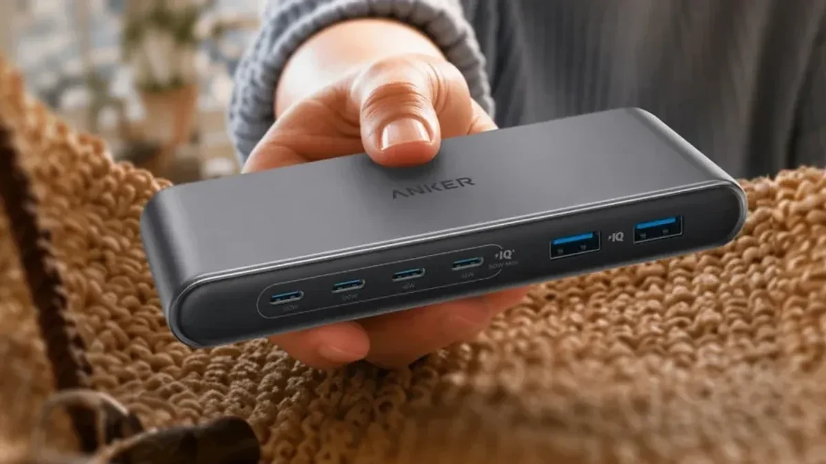 Anker 150W Travel Charging Station showing its multiple ports and compact size.