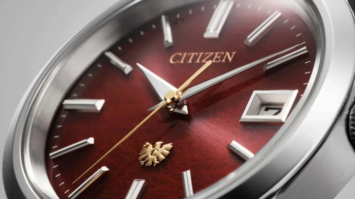 Citizen AQ4100-65X luxury solar watch with red washi paper dial