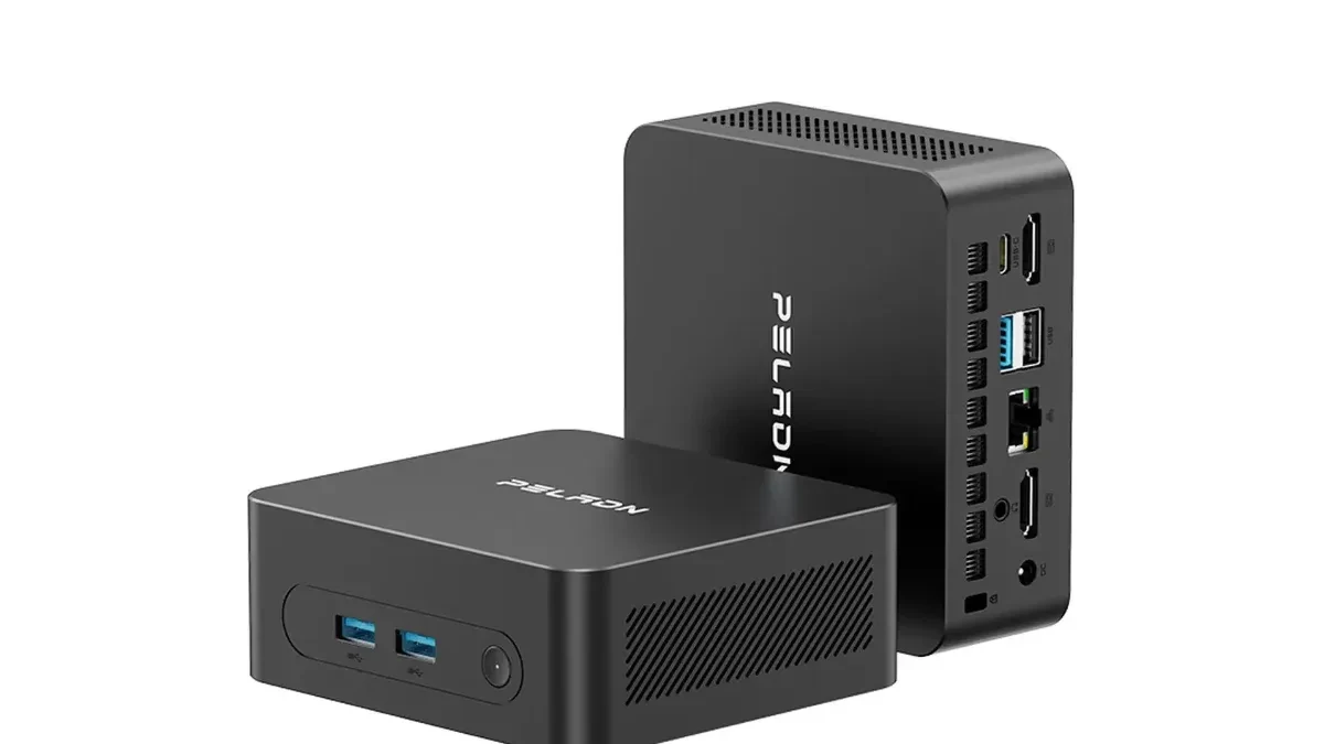 Peladn WO5 Mini PC front and rear port view showing compact chassis