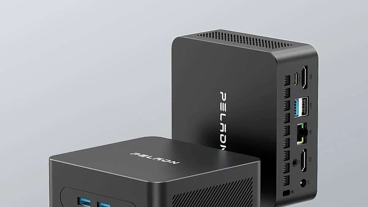 Peladn WO5 compact mini PC with AMD Ryzen chip on desk setup